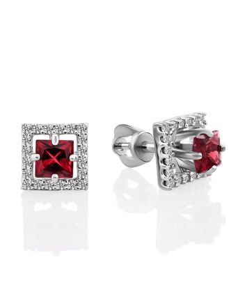 Classy Square Silver Studs With Red Stone And Crystals, image 