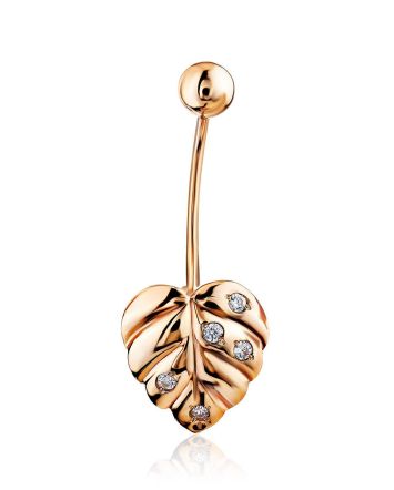 Leaf Motif Gold Crystal Navel Piercing Ring, image 