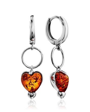Silver Earrings With Heart Shaped Amber Dangles The Palazzo, image 
