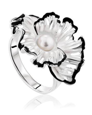 Floral Design Silver Pearl Ring With Enamel, Ring Size: 8.5 / 18.5, image 