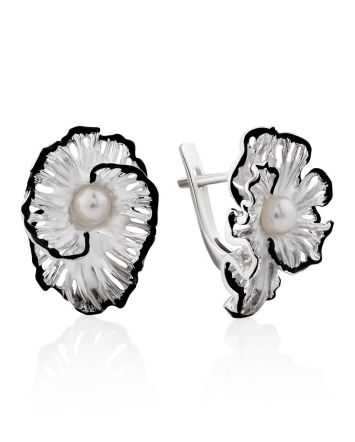 Chic Silver Earrings With Pearls And Enamel, image 