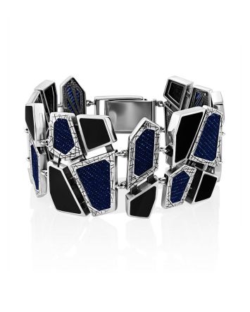 Chunky Silver Obsidian Bracelet With Denim Details, image 