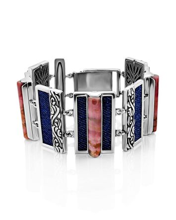 Chunky Silver Rhodonite Link Bracelet, image 