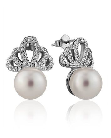 Classy Silver Pearl Stud Earrings With Crystals, image 