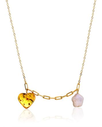 Romantic Gilded Silver Necklace With Amber And Pearl Pendants The Palazzo, image 