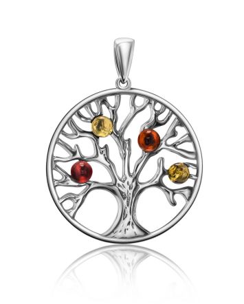 Round Silver Mix Color Amber Pendant The Tree Of Life, image 