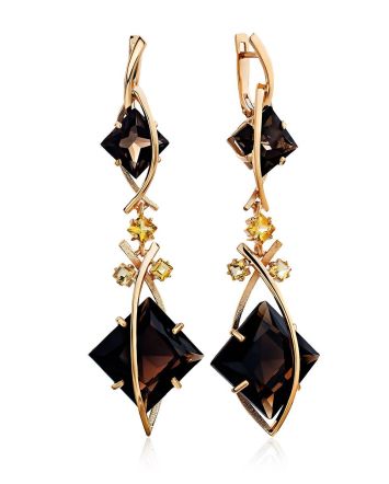 Fabulous Gilded Silver Smoky Quartz Dangle Earrings, image 