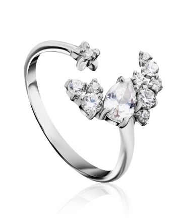 Crescent Motif Silver Crystal Ring, Ring Size: 6.5 / 17, image 