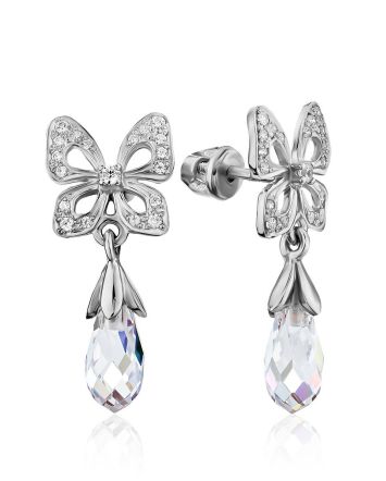 Cute Bow Motif Silver Crystal Dangle Earrings, image 