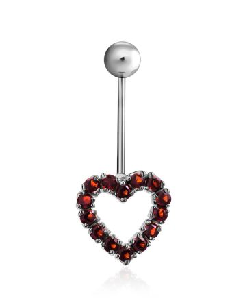 Cute Heart Motif Silver Garnet Navel Piercing, image 