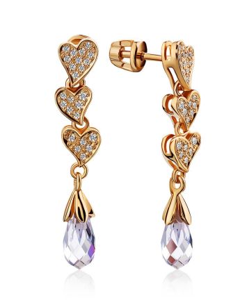 Cute Heart Motif Gilded Silver Crystal Stud Earrings, image 