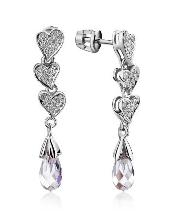 Cute Heart Motif Silver Crystal Stud Dangle Earrings, image 