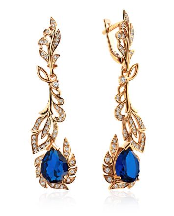 Feather Motif Gilded Silver Blue Spinel Earrings, image 