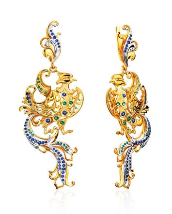 Phoenix Motif Gilded Silver Dangle Earrings, image 
