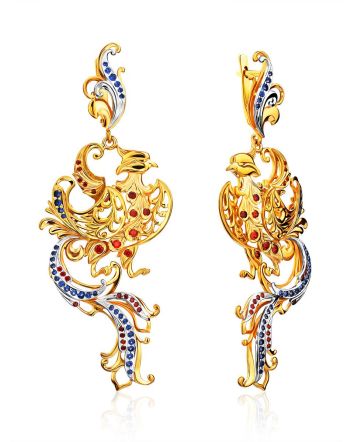 Ornate Phoenix Motif Gilded Silver Dangle Earrings, image 