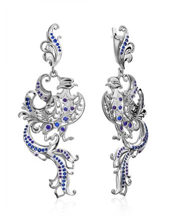 Ornate Phoenix Motif Silver Crystal Dangle Earrings, image 
