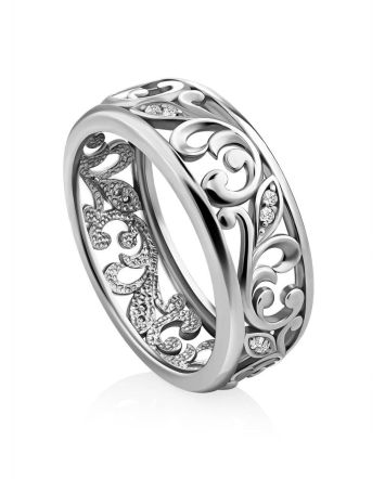 Ornate Silver Crystal Band Ring, Ring Size: 6 / 16.5, image 