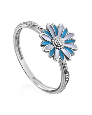 Silver Enamel Daisy Motif Ring, Ring Size: 6 / 16.5, image 