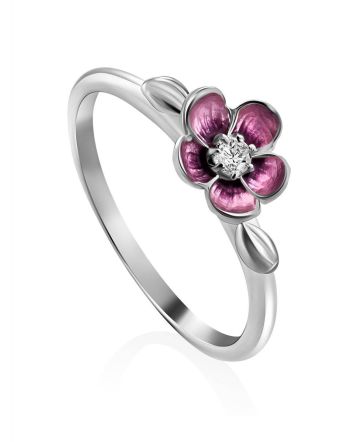 Silver Enamel Cherry Blossom Motif Ring, Ring Size: 6 / 16.5, image 