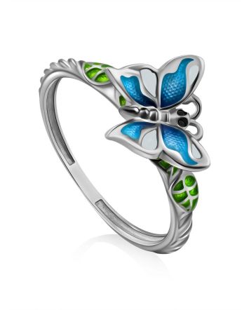 Cute Silver Enamel Butterfly Motif Ring, Ring Size: 6.5 / 17, image 