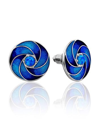 Round Silver Enamel Stud Earrings With Blue Crystals, image 
