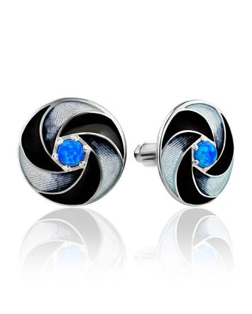 Round Silver Enamel Stud Earrings With Blue Crystals, image 