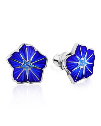 Silver Enamel Petunia Motif Stud Earrings, image 