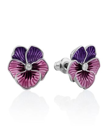 Violet Motif Silver Enamel Stud Earrings With Crystals, image 