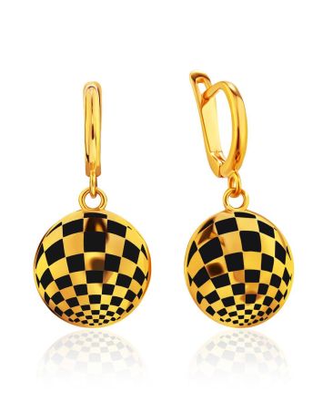 Checkerboard Pattern Gilded Silver Enamel Earrings, image 