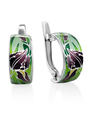 Silver Enamel Iris Motif Earrings, image 