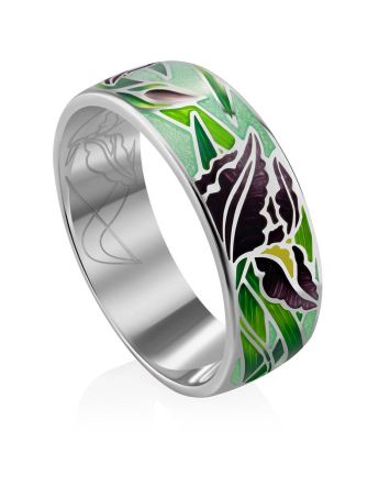 Silver Enamel Iris Motif Band Ring, Ring Size: 8.5 / 18.5, image 