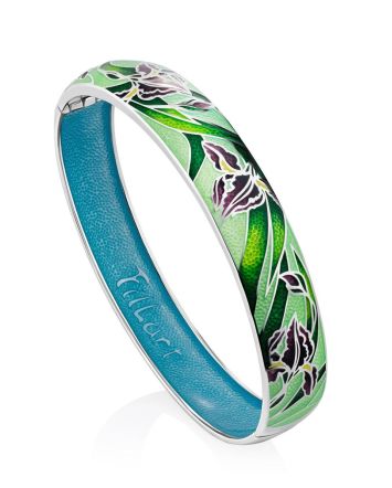 Silver Enamel Iris Motif Bangle Bracelet, image 