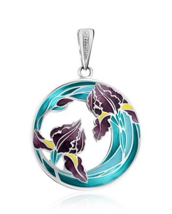 Silver Enamel Floral Design Pendant, image 