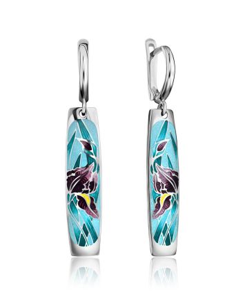 Silver Enamel Iris Motif Dangle Earrings, image 