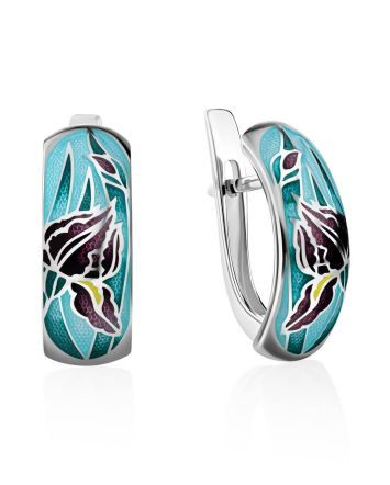 Iris Motif Silver Enamel Earrings, image 