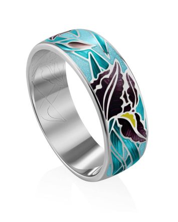 Silver Enamel Floral Band Ring, Ring Size: 9 / 19, image 
