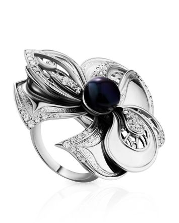 Fabulous  Floral Design Silver Pearl Ring, Ring Size: 6.5 / 17, image 