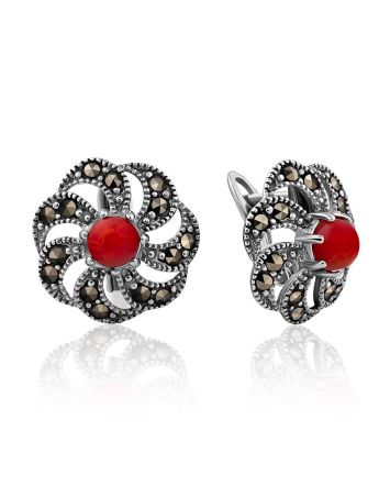 Floral Motif Silver Coral Earrings The Lace, image 