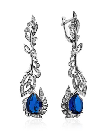 Feather Motif Silver Spinel Drop Earrings, image 