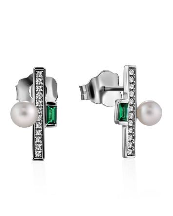 Sophisticated Design Silver Pearl Stud Earrings, image 