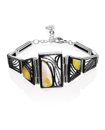 Vintage Motif Silver Amber Link Bracelet The Lava, Length: 16, image 