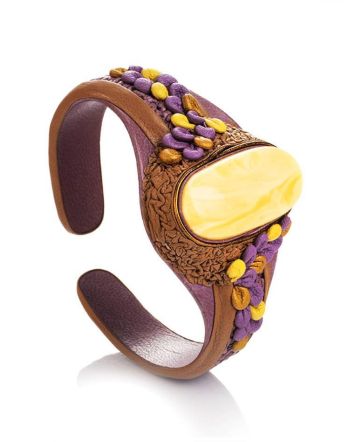 Brown Leather Cuff Bracelet With Honey Amber The Nefertiti, image 