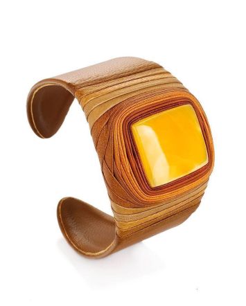 Brownish Leather Cuff Bracelet With Honey Amber The Nefertiti, image 