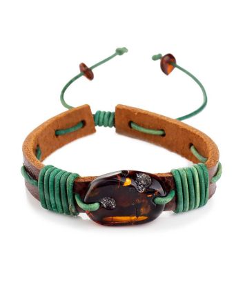Brown Leather Tie Bracelet With Cognac Amber The Copacabana, image 