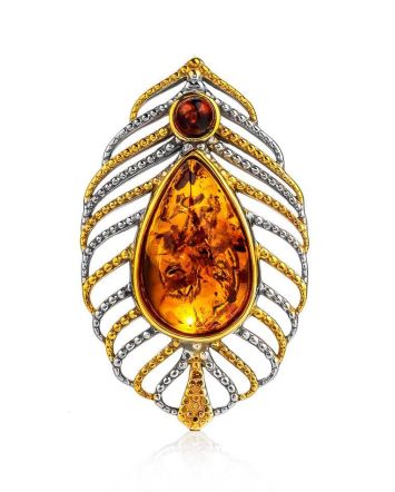 Bohemian Chic Amber Brooch In Gold Plated Silver The Peacock Feather, image 