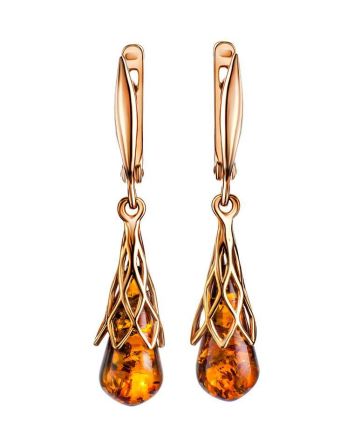 Cognac Amber Earrings In Gold-Plated Silver The Roxanne, image 