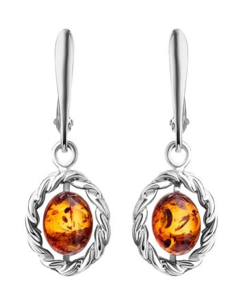 Charming Silver Drop Earrings With Bright Cognac Amber The Florence, image 