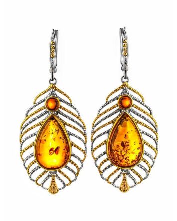 Bohemian Chic Amber Drop Earrings​ In Gold-Plated Silver The Peacock Feather, image 