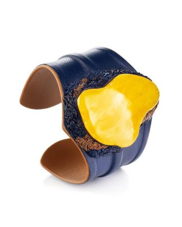 Dark Leather Cuff Bracelet With Honey Amber The Nefertiti, image 