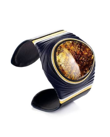 Dark Leather Cuff Bracelet With Green Amber The Nefertiti, image 